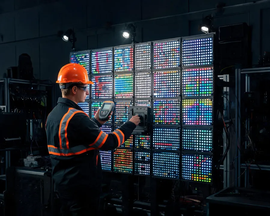 Technician calibrating modular LED cabinets