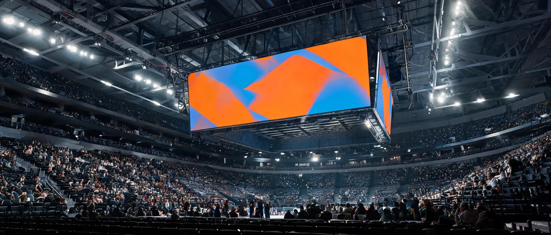 Large-format Daktronics LED display in a modern sports venue